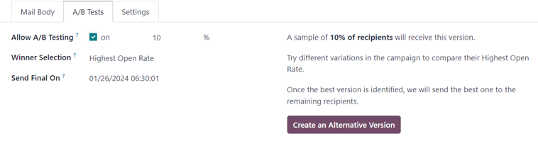 Xem tab A/B Tests trong ứng dụng Email Marketing của Odoo
