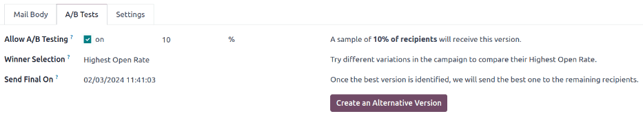 Thẻ A/B Tests với hộp kiểm Cho phép A/B Testing được chọn để tạo phiên bản thay thế.