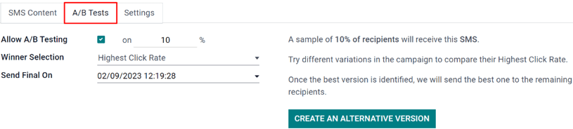 Tab A/B Test nằm trên biểu mẫu chiến dịch của ứng dụng Odoo SMS Marketing.