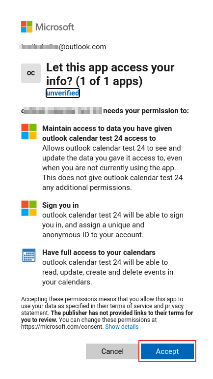 Quá trình xác thực trên trang OAuth của Microsoft Outlook