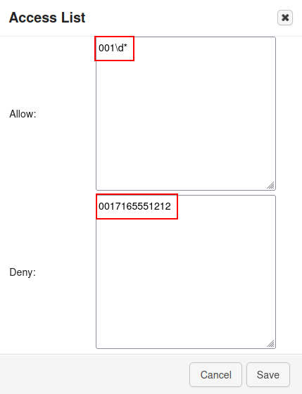 Cấu hình phần tử danh sách truy cập với các trường allow/deny được đánh dấu