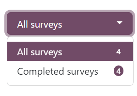 Menu thả xuống 'All surveys' đã mở trên trang 'See results' của ứng dụng Odoo Surveys.