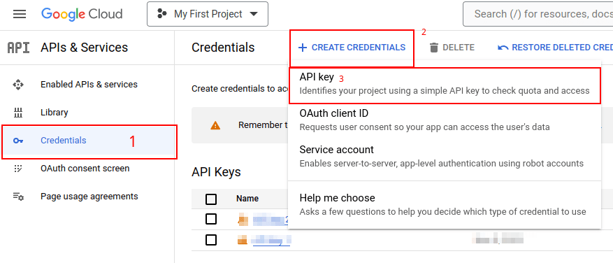 Tạo khóa API trong Google API console.