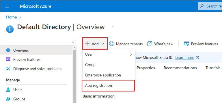 Trang quản lý Microsoft Azure với + Thêm và menu App Registration được làm nổi bật.