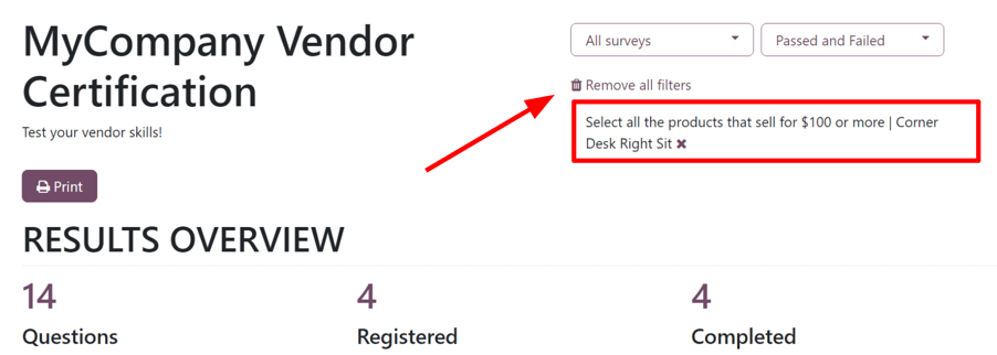 Bộ lọc đã áp dụng trên trang 'Xem kết quả' trong ứng dụng Odoo Surveys.
