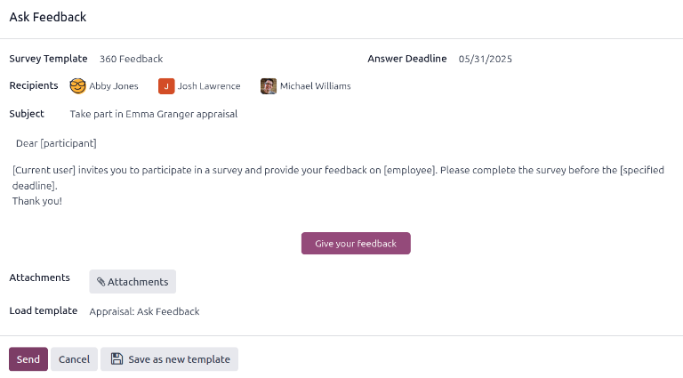 Cửa sổ bật lên email khi yêu cầu phản hồi từ các nhân viên khác.