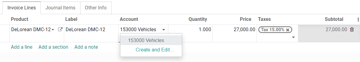 Lựa chọn tài khoản tài sản trên hoá đơn nháp trong Odoo Accounting
