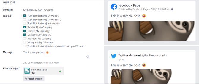 Các mẫu bài đăng được hiển thị với hình ảnh mới đính kèm trong Odoo Social Marketing.