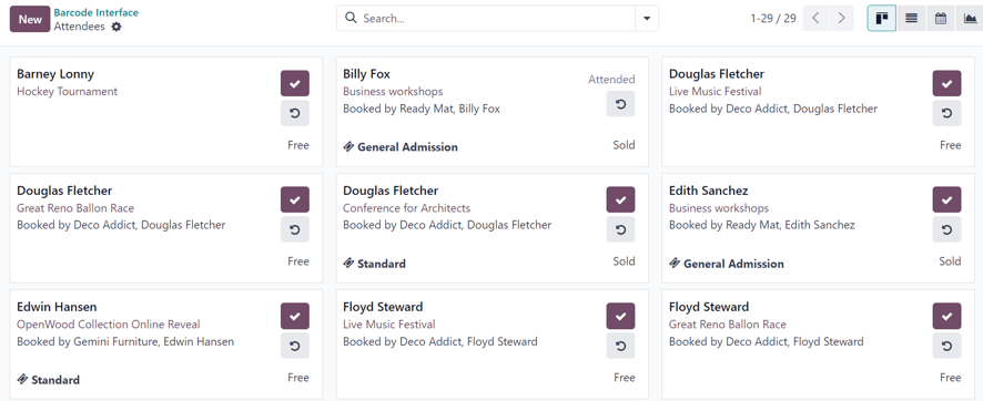 Trang Người tham dự, qua Quầy đăng ký, nằm trong ứng dụng Events của Odoo.