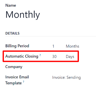 Trường Tự động đóng trên mẫu Kế hoạch định kỳ trong Odoo Subscriptions.