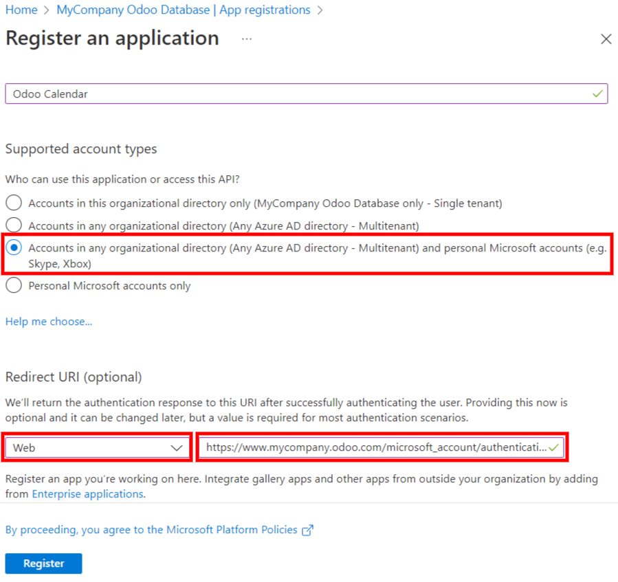 Cài đặt "Supported account type" và "Redirect URI" trong cổng Microsoft Entra ID.