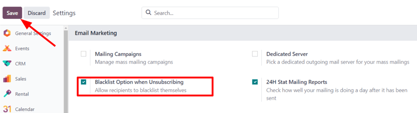 Xem tính năng danh sách đen trong trang Cài đặt của ứng dụng Odoo Email Marketing