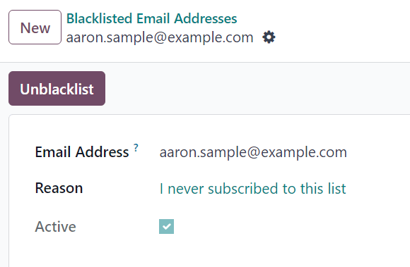 Xem biểu mẫu chi tiết liên hệ đã đưa vào danh sách đen trong Odoo Email Marketing