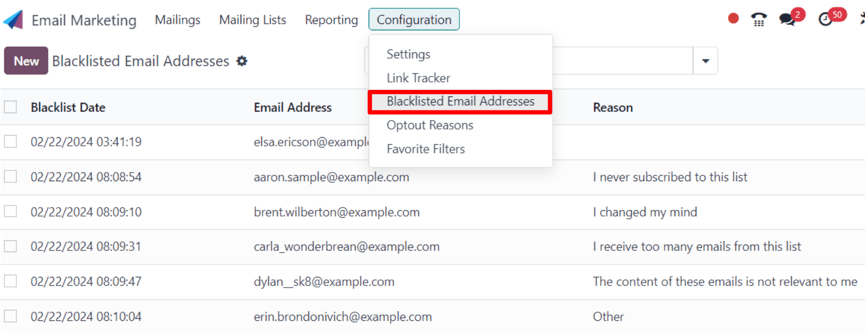 Xem trang các địa chỉ email bị chặn trong Odoo Email Marketing.