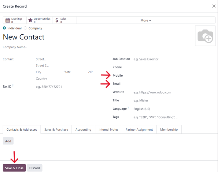 Biểu mẫu liên hệ trống từ cửa sổ pop-up kiểm tra khởi chạy trong Odoo Marketing Automation