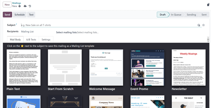 Xem biểu mẫu chi tiết email trống trong ứng dụng Email Marketing của Odoo
