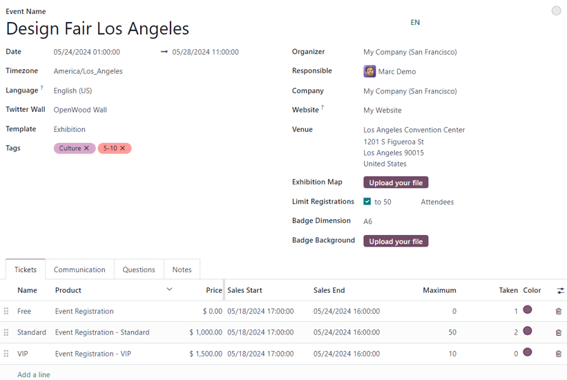Mẫu sự kiện tiêu chuẩn trong ứng dụng Odoo Events
