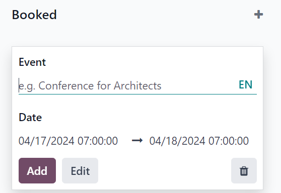 Thẻ kanban trống tiêu chuẩn để điền trong ứng dụng Odoo Events.