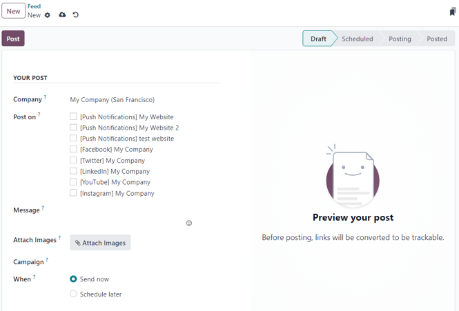 Trang chi tiết bài đăng mạng xã hội trống trong Odoo Social Marketing