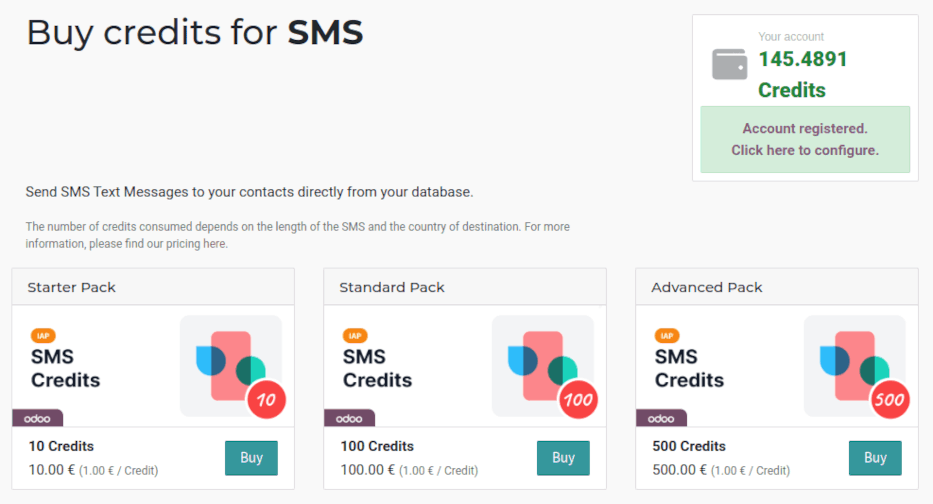 Trang dịch vụ SMS trên IAP.Odoo.com có bốn gói tín dụng có thể mua.