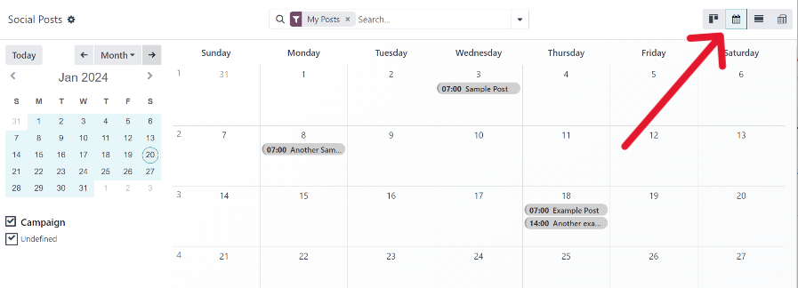 Ví dụ về chế độ xem lịch trong Odoo Social Marketing.