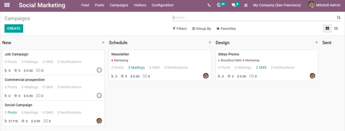 Giao diện của trang chiến dịch trong ứng dụng Social Marketing của Odoo