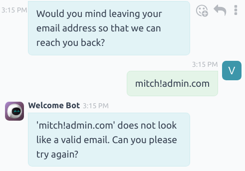 Xem chatbot phản hồi với email không hợp lệ.