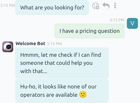 Xem các tin nhắn tiếp theo của chatbot khi không có nhân viên hỗ trợ trò chuyện trực tiếp.