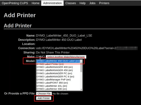 Chọn màn hình model trên console OpenPrinting CUPS, với model và máy in được thêm vào được đánh dấu