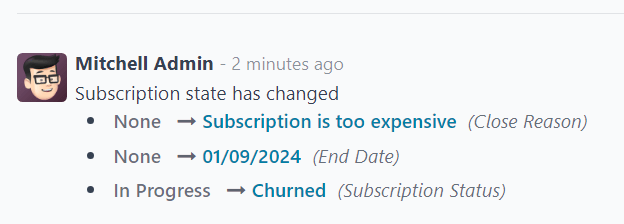 Khung trao đổi của đơn bán hàng đã hủy cho đăng ký đã đóng trong Odoo Subscriptions