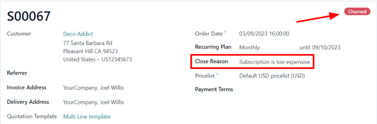 Đơn bán hàng chấm dứt cho thuê bao đã đóng trong Odoo Subscriptions.