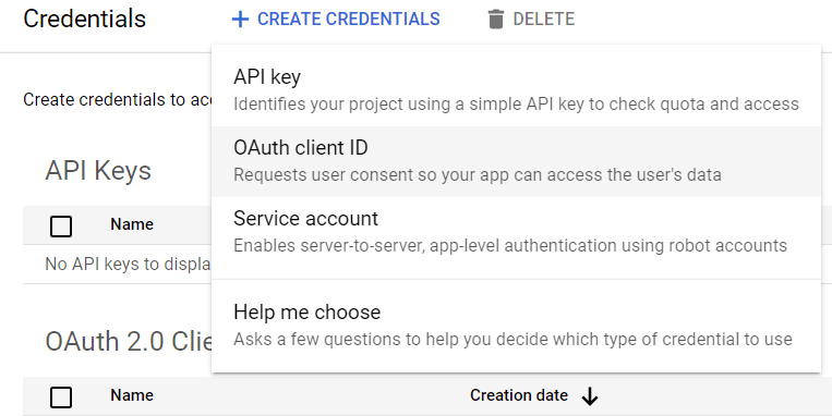 Lựa chọn client id OAuth.