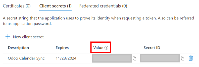 Mã token "Client Secret" cần sao chép từ Microsoft sang Odoo.