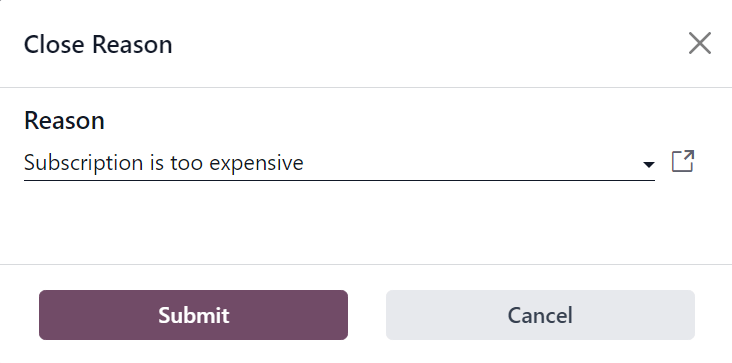 Cửa sổ bật lên Lý do đóng khi nút Đóng được nhấn trong Odoo Subscriptions.