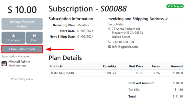 Nút Đóng đăng ký trên giao diện khách hàng của đơn bán hàng trong Odoo Subscriptions.