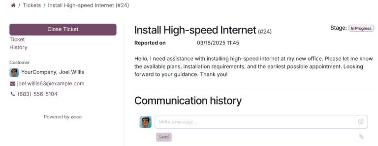 Giao diện khách hàng khi đóng phiếu yêu cầu trong Odoo Helpdesk.