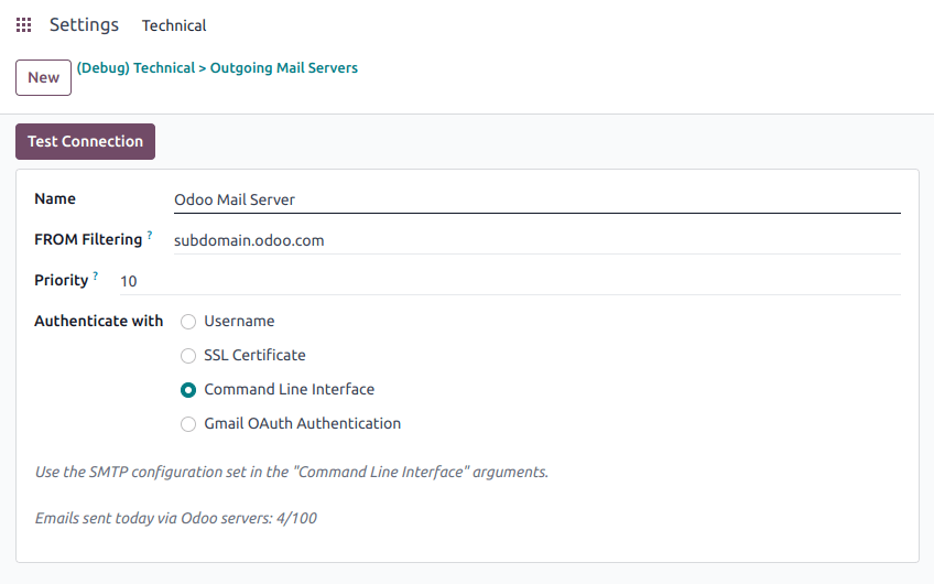 Thêm máy chủ email bằng cách sử dụng máy chủ email của Odoo với xác thực CLI