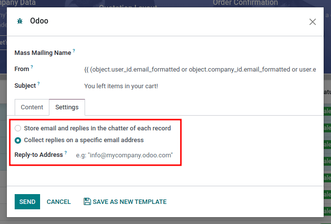 Trình soạn Email trong chế độ gửi thư hàng loạt với reply-to được làm nổi bật.