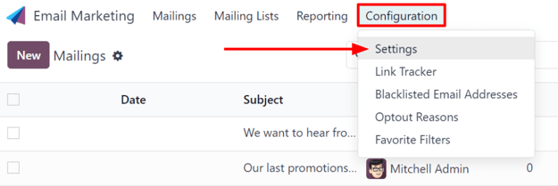 Giao diện của menu Cấu hình với trang Cài đặt trong ứng dụng Email Marketing của Odoo