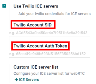 Kích hoạt tùy chọn "Use Twilio ICE servers" trong Cài đặt chung của Odoo.