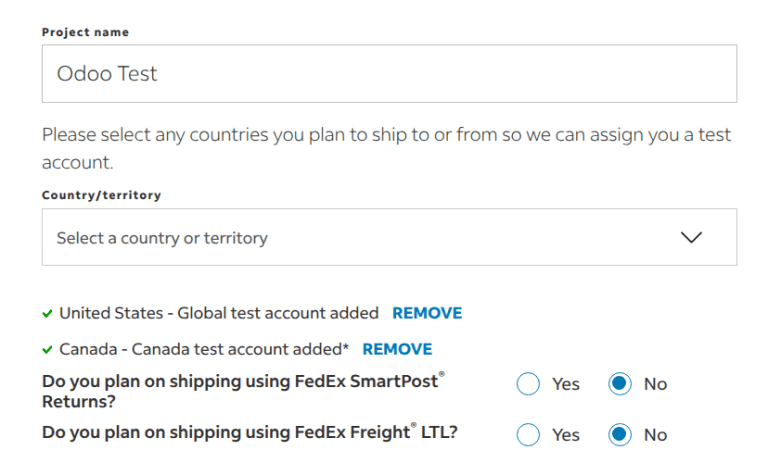 Trang trên website FedEx nơi người dùng chọn các quốc gia họ giao hàng đến và từ