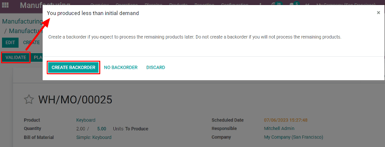 Nút Tạo Đơn giao hàng tồn trên cửa sổ bật lên "You produced less than initial demand"