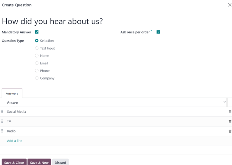 Cửa sổ bật lên Tạo câu hỏi xuất hiện trong ứng dụng Odoo Events.