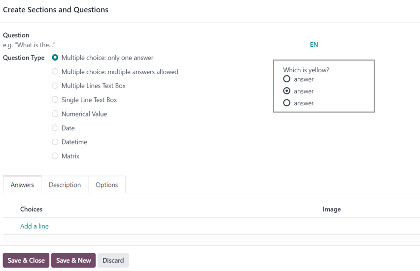 Biểu mẫu bật lên Tạo Phần và Câu hỏi trong Odoo Surveys.