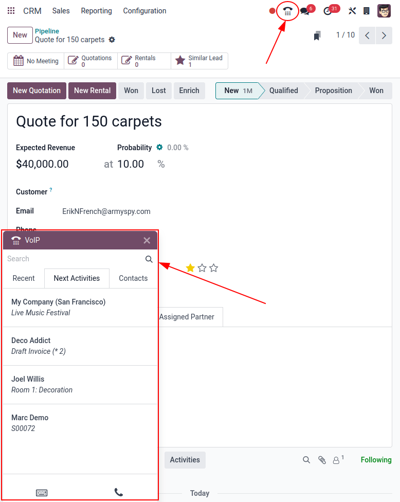 Xem các Tiềm năng CRM và tùy chọn lên lịch hoạt động cho Odoo Discuss.