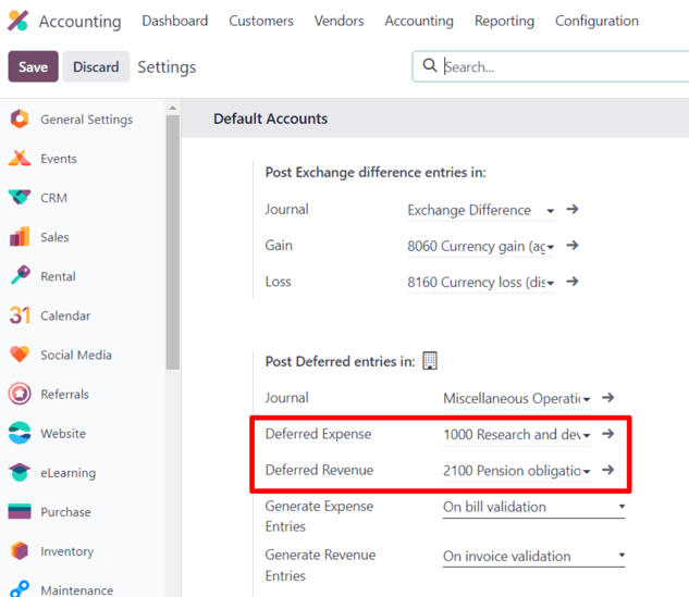 Các cài đặt tài khoản hoãn cần thiết trong trang cài đặt của ứng dụng Kế toán Odoo.