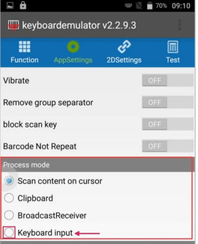 Phần chế độ xử lý trên trang AppSettings của máy quét MUNBYN