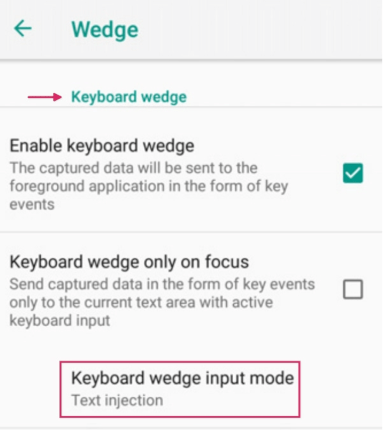 Menu cấu hình Wedge trên máy quét Datalogic
