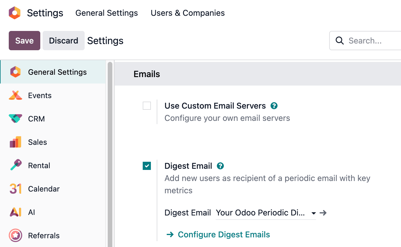 Phần Email tổng hợp trong Cài đặt chung.