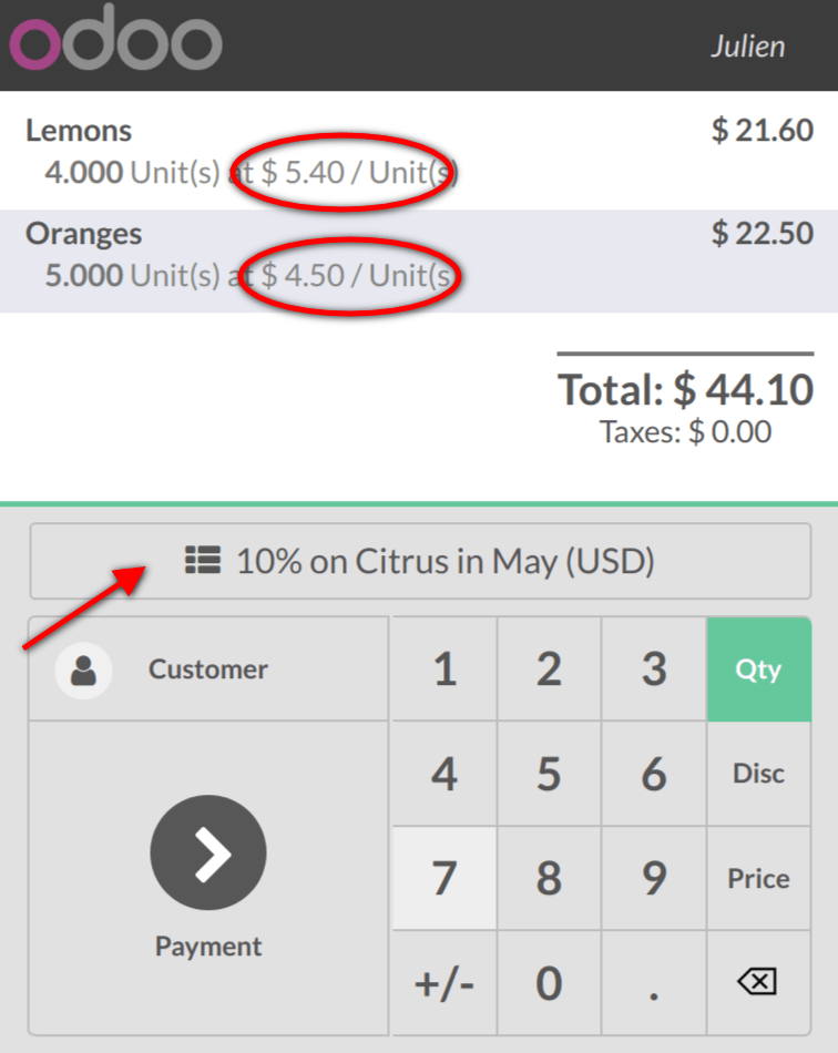 Xem nút để sử dụng giảm giá có thời hạn qua giao diện POS